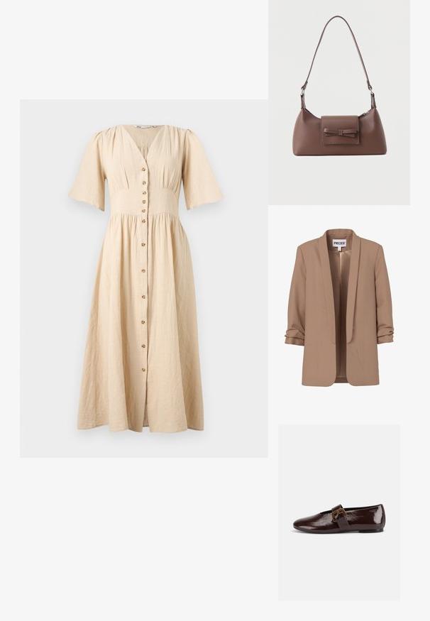 Blazer para mujer color marrón claro con mangas tres cuartos fruncidas y frente abierto, con etiqueta "PIECES".; Vestido midi beige con mangas cortas y anchas, escote en V, cintura ajustada y cierre frontal con botones de madera.; Zapato plano de charol marrón oscuro con una gran hebilla dorada y puntera redondeada, mostrado de perfil sobre un fondo blanco.; Bolso bandolera de cuero marrón con un bolsillo frontal de solapa que presenta un detalle de moño cosido y una correa ajustable.