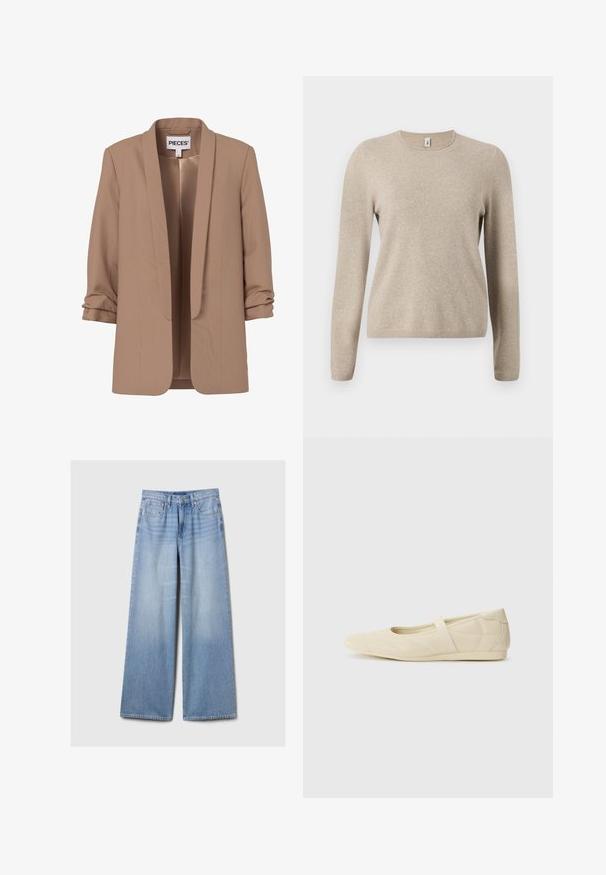 Lysebrun damesblazer med rynkede trekvartærmer og åben front, mærket "PIECES."; Beige strikket sweater med lange ærmer, rund halsudskæring og ribbede manchetter. Blød tekstur med et subtilt meleret mønster.; Lyseblå brede denim bukser med forlommer, bælteløkker og lukning med knap og lynlås.; Lysebrune ballet flats med en glat læderoverflade, mandelformet tå og elastisk rem over vristen, med diskrete syninger.