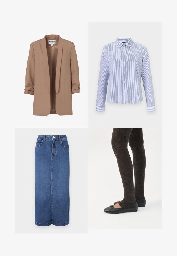 Blazer para mujer color marrón claro con mangas tres cuartos fruncidas y frente abierto, con etiqueta "PIECES".; Camisa de manga larga con botones, con rayas verticales blancas y azul claro y cuello puntiagudo, mostrada sobre un fondo liso.; Falda larga de mezclilla en azul oscuro, con corte recto, cinturilla con cierre de botón y detalles de costura mínimos.; Piernas con leggings oscuros acanalados combinados con bailarinas negras que presentan pequeños detalles de lazo sobre un fondo blanco.