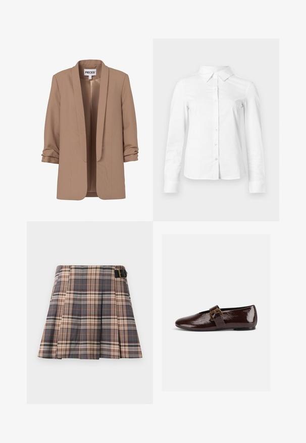Blazer para mujer color marrón claro con mangas tres cuartos fruncidas y frente abierto, con etiqueta "PIECES".; Camisa blanca de manga larga con botones, cuello puntiagudo, bajo recto y silueta ajustada, presentada sobre un fondo claro y liso.; Falda de cuadros en colores gris, beige y óxido; cuenta con pliegues, un detalle de hebilla y un diseño estructurado. Confeccionada con una tela tejida.; Zapato plano de charol marrón oscuro con una gran hebilla dorada y puntera redondeada, mostrado de perfil sobre un fondo blanco.