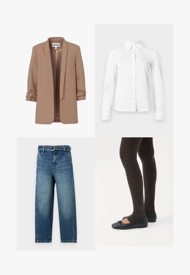 Lysebrun damesblazer med rynkede trekvartærmer og åben front, mærket "PIECES."; Hvid skjorte med lange ærmer, knapper, spids krave, lige kant og tætsiddende silhuet, vist på en ensartet lys baggrund.; Blå jeans i denim med højt liv, brede ben og bæltestrop med en metalring. Har slidte områder og subtile folder på stoffet.; Ben iført mørke ribbede leggings kombineret med sorte balletsko med små sløjfedetaljer på hvid baggrund.