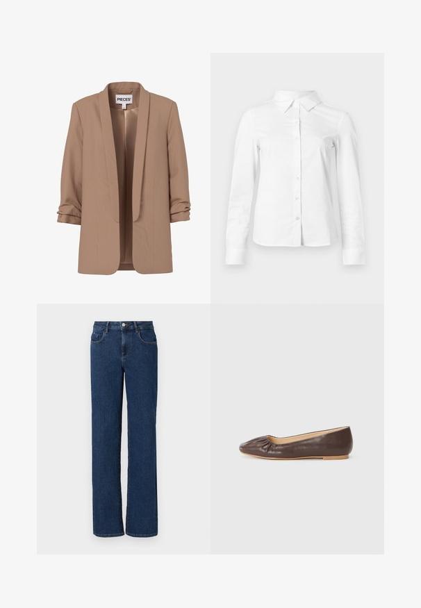 Lysebrun damesblazer med rynkede trekvartærmer og åben front, mærket "PIECES."; Hvid skjorte med lange ærmer, knapper, spids krave, lige kant og tætsiddende silhuet, vist på en ensartet lys baggrund.; Mørkeblå denim jeans med lige ben, fem lommer, knap- og lynlåslukning samt kontrastsyninger langs sømmene.; Brune læder balletflade med en afrundet tå, rynket detaljer foran, og en flad, lysfarvet sål.