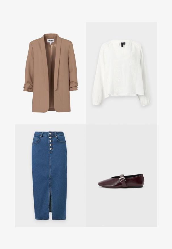 Blazer para mujer color marrón claro con mangas tres cuartos fruncidas y frente abierto, con etiqueta "PIECES".; Blusa blanca de manga larga con patrón sutil de ojales florales, abertura en escote en V y puños elásticos, mostrada sobre un fondo liso.; Falda midi de mezclilla azul con abertura frontal, cierre de botones y diseño de cinco bolsillos.; Bailarinas de cuero burdeos con punta afilada, suela plana y una correa decorativa con hebilla a lo largo del empeine. Textura suave y brillante.