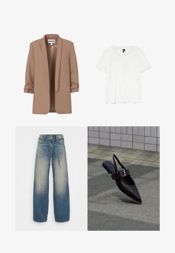Lysebrun damesblazer med rynkede trekvartærmer og åben front, mærket "PIECES."; Hvid kortærmet t-shirt med rund halsudskæring, lavet af letvægtsstof. Enkel design, glat tekstur og lige kant.; Lysblå bredbenede jeans med en lysvasket finish, som har en knap- og båndlukning samt et klassisk femlommers design.; Mørkebrune flade slingback-sko med spids tå, bred rem og stor sølvspænde på asfalt nær flisebelagt væg.