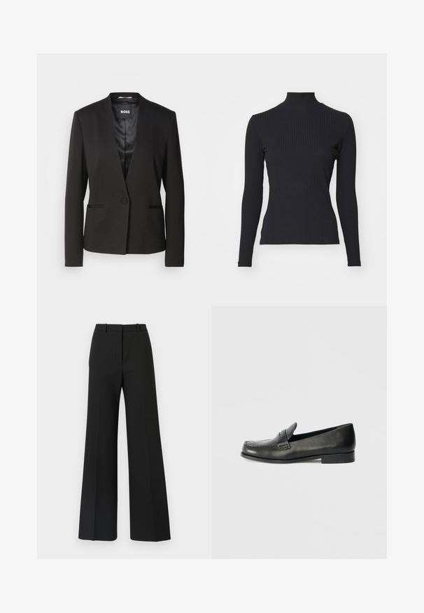 Sort blazer med en notch-krave, enkelt knaplukning og to forlommer. Fremstillet af glat stof med satinforing.; Sort ribbet turtle-sweater med lange ærmer. Lavet af strækbart stof med en tætsiddende pasform og høj krave. Enkel design uden udsmykninger.; Sorte buks med vide ben og skræddersyet design, der har en glat tekstur og subtile plisseringer foran. Ingen synlige detaljer eller mønstre.; Sorte læder loafers med en rund tå, forhøjede syningsdetaljer og en lav, stablet hæl. Glat tekstur med en subtil glans.
