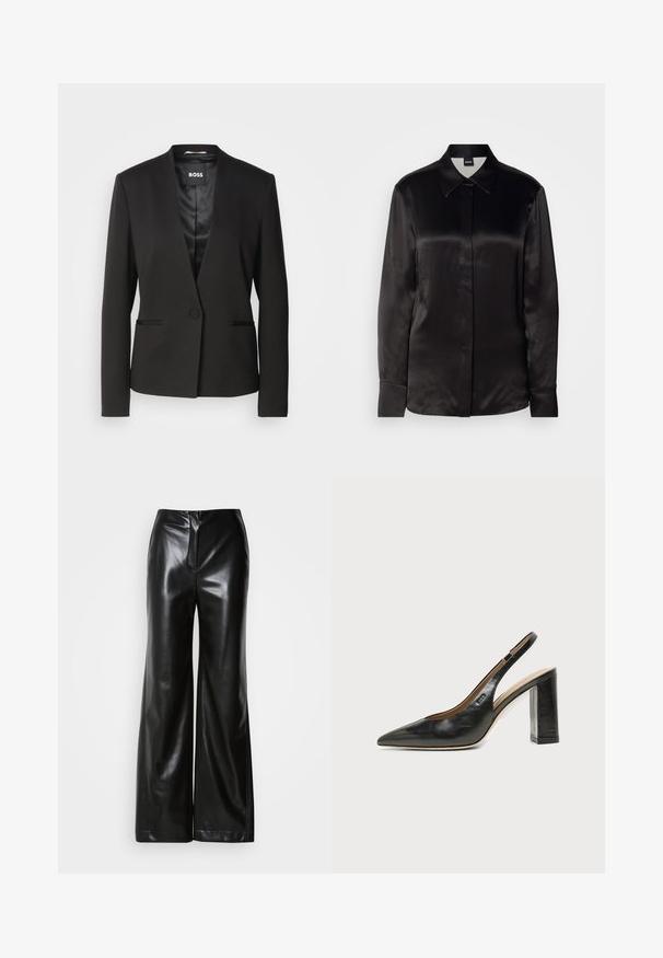 Blazer noir avec un col à cran, fermeture à un bouton et deux poches avant. Fabriqué en tissu lisse avec une doublure satinée.; Chemise noire en satin à manches longues avec un col pointu, une fermeture à boutons sur le devant et des poignets. Texture lisse et design minimaliste.; Pantalons larges en cuir noir avec une texture lisse, taille haute et fermeture éclair frontale dissimulée. Coupe ajustée avec une finition soignée.; Chaussure slingback en cuir noir à bout pointu avec un talon bloc haut et une doublure intérieure beige sur un fond clair uni.