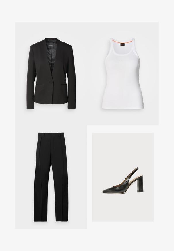 Sort blazer med en notch-krave, enkelt knaplukning og to forlommer. Fremstillet af glat stof med satinforing.; Hvid ribstrikket tanktop med rund halsudskæring, der har et smalt stropdesign og en orange detalje langs den indvendige halskant. Brandlogo vist.; Sorte bukser med skræddersyet pasform, der har to forreste læg, en glat tekstur og et lige ben design. Ingen synligt hardware eller mønstre.; Sort dameslingback pumpe i læder med spids tå og tyk høj blokhæl på hvid baggrund.