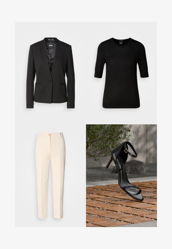 Blazer noir avec un col à cran, fermeture à un bouton et deux poches avant. Fabriqué en tissu lisse avec une doublure satinée.; Pull noir à manches courtes en laine mérino fine. Encolure ronde, coupe ajustée, texture lisse, design minimal, sans motifs ni accents visibles.; Pantalons taille haute couleur crème en tissu texturé. Dotés d'une fermeture à bouton à l'avant et de jambes fuselées.; Sandale noire à talon haut avec sangle à la cheville, suspendue au-dessus d'un sol en carreaux de bois à l'extérieur, avec un arrière-plan flou de verdure et de pierre.