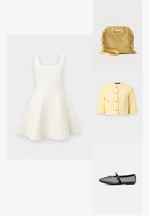 Veste courte jaune texturée à encolure ronde, manches trois-quarts, deux poches frontales et fermetures par boutons dorés.; Robe blanche sans manches en maille avec encolure carrée et rayures verticales à perles, jupe évasée.; Chaussure plate Mary Jane en mesh noir avec bride brillante et boucle dorée en forme de cœur, petit talon et bout arrondi sur fond uni.; Sac à main en cuir jaune avec détails à franges sur les côtés, poignée découpée rectangulaire et bandoulière amovible placée à l'avant.