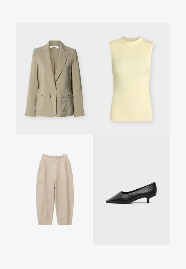 Blazer beige à un seul bouton avec revers crantés, deux poches avant à rabat avec boutons, et étiquette DKNY à l'intérieur du col.; Top sans manches en maille côtelée jaune pâle avec un col rond montant, silhouette ajustée et tissu doux texturé.; Pantalon beige taille haute à jambes larges avec plis, passants de ceinture et une couture avant, présenté sur fond blanc.; Escarpin femme en cuir noir à petit talon, bout pointu et petit talon kitten sur fond clair uni.