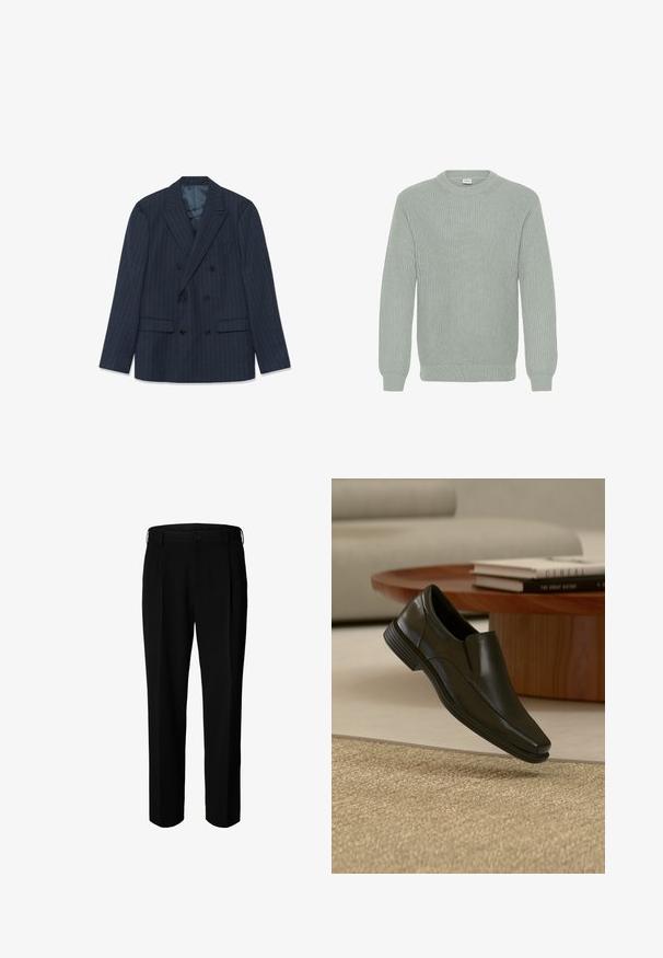 Marineblauesdblätriges Sakko mit feinen Nadelstreifen, mit Reverskragen und aufgesetzten Taschen, flach auf einem weißen Hintergrund ausgelegt.; Hellgrüner, gerippter Rundhalsausschnittpullover mit langen Ärmeln, der über eine gestrickte Textur und einen geraden Saum verfügt. Keine sichtbaren Muster oder Akzente.; Schwarze formelle Hose mit Gürtelschlaufen, Frontknopf und Reißverschluss, vor weißem Hintergrund dargestellt.; Schwarzer Lederslipper schwebt über einem beigen gewebten Teppich, im Hintergrund ein runder Holzcouchtisch und gestapelte Bücher.