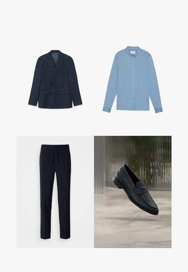Blazer azul marino de corte cruzado con finas rayas, solapas pico y bolsillos con tapa, dispuesto sobre un fondo blanco.; Camisa de manga larga azul claro con un cuello de botón, un diseño elegante y un logo bordado en el pecho. Cuenta con botones metálicos.; Pantalones ligeros azul marino con cintura elástica y cordón ajustable, que presentan un diseño de corte recto y una textura suave.; Zapato tipo mocasín de cuero negro con acabado liso, punta puntiaguda y detalles cosidos en la pala. Tacón bajo y diseño minimalista.
