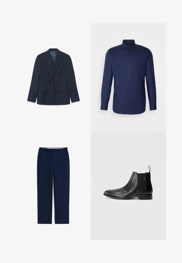 Blazer azul marino de corte cruzado con finas rayas, solapas pico y bolsillos con tapa, dispuesto sobre un fondo blanco.; Camisa de botones de manga larga azul marino en una tela suave, con un cuello clásico, botones en la parte frontal y dobladillo redondeado.; Pantalones de pierna recta color azul marino con cintura elástica, cierre de botones, trabillas para cinturón y bolsillos laterales, exhibidos planos sobre un fondo blanco.; Botín Chelsea de piel negra con panel lateral elástico y una lengüeta roja en la parte trasera, mostrado sobre un fondo blanco liso.