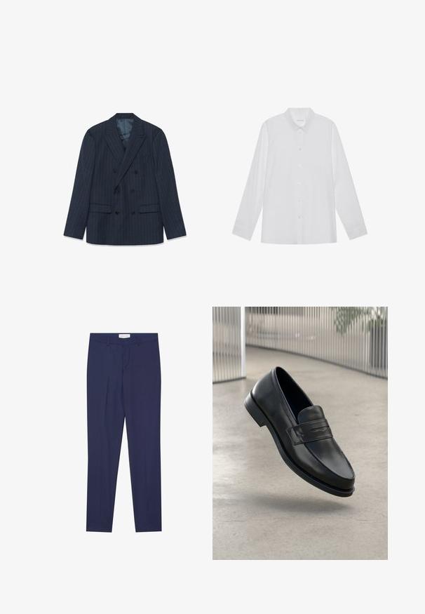 Marineblauwe double-breasted blazer met fijne streepjes, pieklapels en klepzakken, plat gelegd op een witte achtergrond.; Witte blouse met lange mouwen van soepel stof, met een puntige kraag, voorkant met knoopsluiting en manchetten met één knoop.; Marineblauwe dresspants van gladde stof, met een flat front, twee zijzakken, een ritsgulp en een schone zoom zonder patronen of accenten.; Zwarte leren loafer met een gladde textuur, spitse neus en een decoratieve band over de wreef. Lichtgewicht zool, minimalistisch ontwerp.