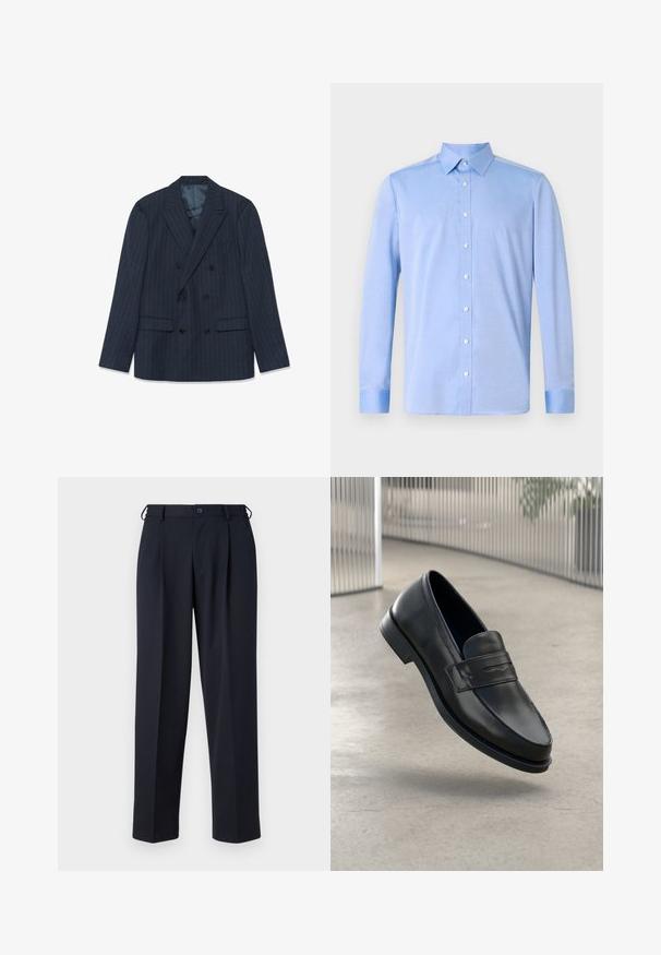 Marineblauesdblätriges Sakko mit feinen Nadelstreifen, mit Reverskragen und aufgesetzten Taschen, flach auf einem weißen Hintergrund ausgelegt.; Helles blaues Hemd mit langen Ärmeln, klassischem Kragen und weißen Knöpfen. Der Stoff wirkt glatt mit einer subtilen Textur.; Marineblaue, maßgeschneiderte Hose mit Knopf- und Reißverschluss vorne, Gürtelschlaufen und Seitentaschen, gezeigt auf weißem Hintergrund.; Schwarzer Lederloafer mit glatter Textur, spitzer Zehe und einem dekorativen Riemen über dem Rist. Leichte Sohle, minimalistisches Design.