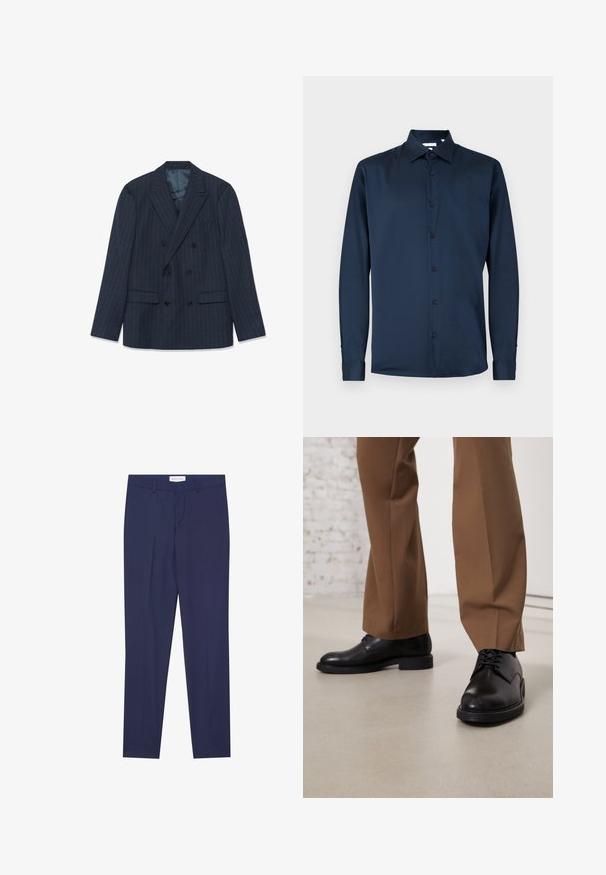 Blazer azul marino de corte cruzado con finas rayas, solapas pico y bolsillos con tapa, dispuesto sobre un fondo blanco.; Camisa de manga larga azul marino hecha de tela suave, con cuello clásico, tapeta de botones completa y puños abotonados.; Pantalones de vestir de color navy, confeccionados en una tela suave, con un corte plano en la parte delantera, dos bolsillos laterales, cremallera y dobladillo limpio sin patrones ni acentos.; Zapatos de cuero negro con superficie lisa y puntera redonda, que presentan cierre con cordones y una suela baja y plana. Combinados con pantalones marrones.