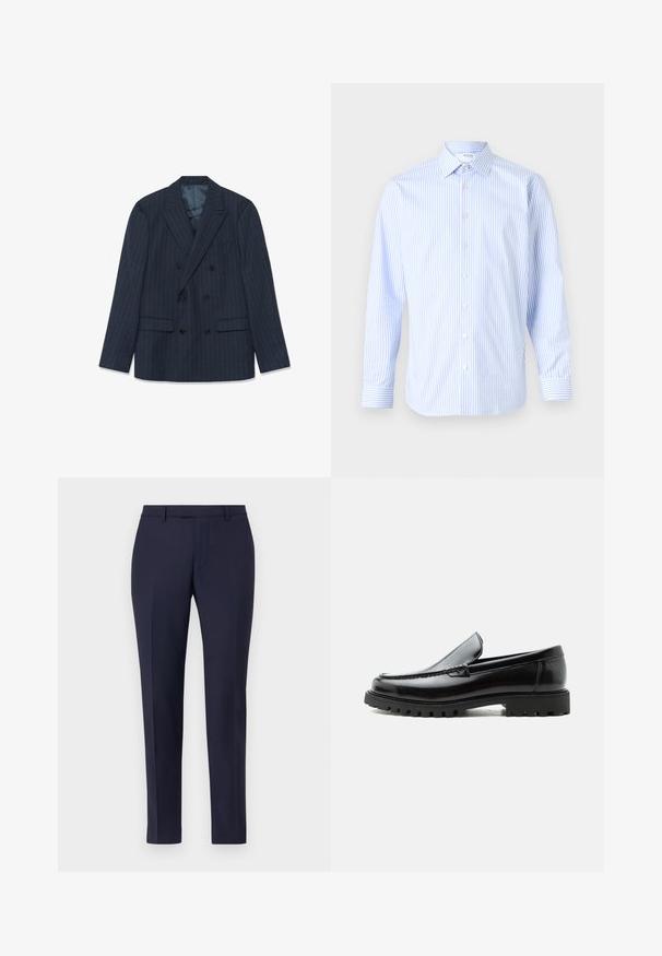 Blazer azul marino de corte cruzado con finas rayas, solapas pico y bolsillos con tapa, dispuesto sobre un fondo blanco.; Camisa de manga larga a rayas azul claro y blanca con cuello clásico, cierre de botones en la parte delantera y puños, hecha de una tela suave.; Pantalones de traje azul marino con un diseño elegante, frente plano, piernas estrechas y sin herrajes o patrones visibles. Textura de tela suave.; Mocasín de cuero negro con suela de goma gruesa, empeine cosido y nombre de la marca en relieve en el talón, mostrado en perfil lateral sobre fondo blanco.