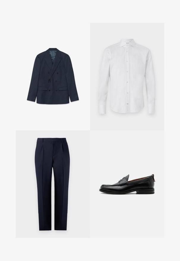 Marineblauwe double-breasted blazer met fijne streepjes, pieklapels en klepzakken, plat gelegd op een witte achtergrond.; Witte langslippende knoopshirt gemaakt van een gladde stof; heeft een klassieke kraag, knoopsluiting en een rond afgewerkte zoom.; Marineblauwe tailored broek gemaakt van gestructureerde stof, met een rechte pasvorm, voorplooien en een klassieke tailleband met riemlussen.; Zwarte leren herensloffen met moc toe stiksel, pennyriem, gestructureerde kraag en lage gestapelde hak op witte achtergrond.