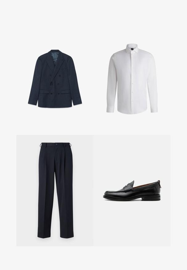 Marineblauwe double-breasted blazer met fijne streepjes, pieklapels en klepzakken, plat gelegd op een witte achtergrond.; Witte lange mouwen shirt van soepel katoen, met een klassieke kraag, volledige knoopsluiting en knoopmanchetten. Minimalistisch ontwerp.; Donkerblauwe op maat gemaakte broek met knoop- en ritsluiting aan de voorkant, riemlussen en zijzakken, getoond op een witte achtergrond.; Zwarte leren herensloffen met moc toe stiksel, pennyriem, gestructureerde kraag en lage gestapelde hak op witte achtergrond.