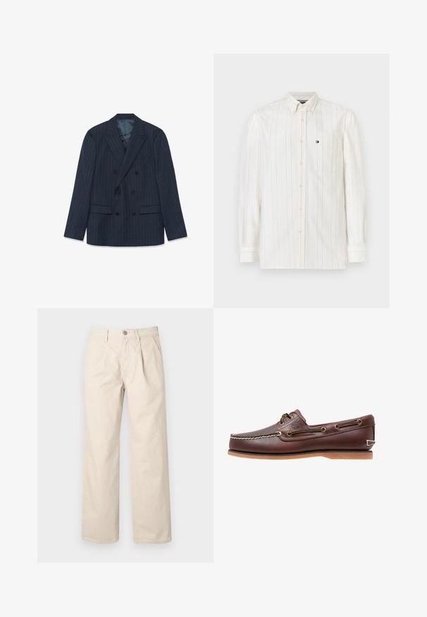 Blazer azul marino de corte cruzado con finas rayas, solapas pico y bolsillos con tapa, dispuesto sobre un fondo blanco.; Camisa de manga larga con botones en algodón color crema claro, con finas rayas verticales, un bolsillo en el pecho y un pequeño logo en el lado izquierdo.; Pantalones de pierna ancha beige con cintura alta, que cuentan con pliegues frontales, cierre con botón en la parte delantera y una suave tela de algodón.; Zapato náutico de cuero marrón con costuras blancas, detalles de cordones y suela de goma color coñac, mostrado de lado sobre un fondo blanco.