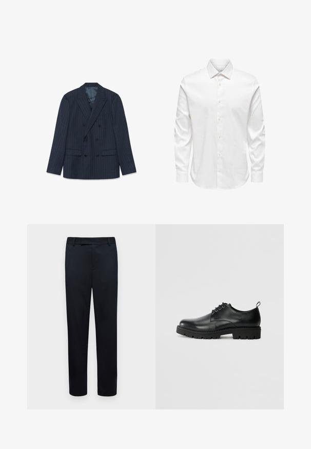 Blazer bleu marine à double boutonnage avec des fines rayures, revers en pointe et poches à rabat, posé à plat sur fond blanc.; Chemise blanche pour homme à manches longues avec col pointu et rangée avant de boutons blancs sur fond uni.; Pantalon noir à la coupe ajustée. Caractérisé par une texture lisse, des passants de ceinture et des poches avant. Design à jambe droite.; Chaussure en cuir noir à bout arrondi, présentant un design à lacets, une semelle en caoutchouc noire robuste et un petit onglet de talon à l'arrière.