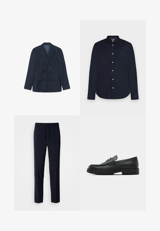 Blazer bleu marine à double boutonnage avec des fines rayures, revers en pointe et poches à rabat, posé à plat sur fond blanc.; Chemise homme bleu marine à manches longues avec col et boutons blancs, présentée sur fond gris clair.; Pantalons légers bleu marine avec une taille élastique et un cordon de serrage réglable, présentant un design coupe droite et une texture lisse.; Mocassins en cuir noir à bout arrondi, avec un design cousu, une semelle plateforme basse et une semelle en caoutchouc texturée et crantée.