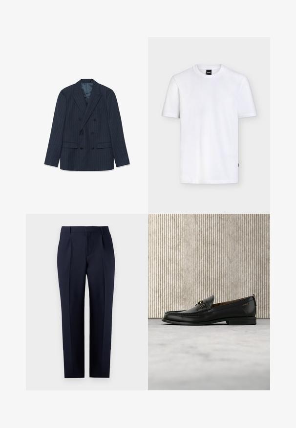 Marineblauesdblätriges Sakko mit feinen Nadelstreifen, mit Reverskragen und aufgesetzten Taschen, flach auf einem weißen Hintergrund ausgelegt.; Schlichtes weißes T-Shirt mit kurzen Ärmeln und Rundhalsausschnitt, mit einem kleinen schwarzen Markenetikett am Kragen und dezenter Stoffstruktur.; Marineblaue, maßgeschneiderte Hose aus strukturiertem Stoff, mit geradem Schnitt, Vorderfalten und einem klassischen Bund mit Gürtelschlaufen.; Schwarzer Lederloafer mit goldfarbenem Metallbit und "HUGO"-Markenlogo, präsentiert vor einem beigen Teppich und braunen durchsichtigen Möbelstücken.