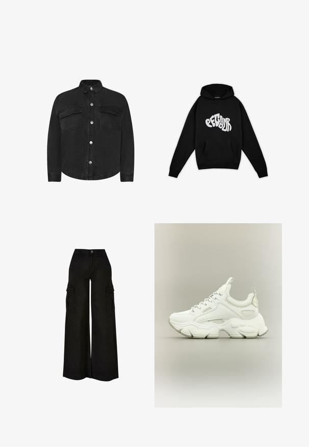 Sort denimjakke med lange ærmer, krave, forlommer og sølvfarvede trykknapper. Glat tekstur, lige snit.; Pegador PALUMA OVERSIZED HOODIE - Sweatshirt - black; Sort vidbens cargo bukser med høj talje, frontknap, lynlås, bæltestropper og klaplommer på begge lår.; Hvid chunky sneaker med tyk struktureret sål, mesh- og læderoverdel, snørelukning og trækstropper på tunge og hæl.