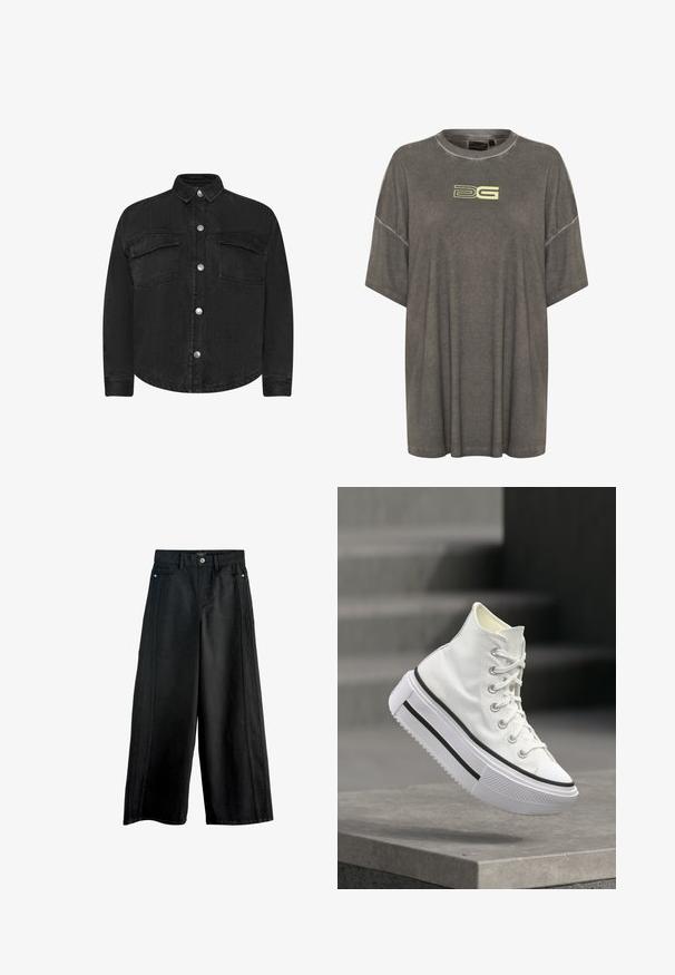 Zwarte spijkerjack met lange mouwen, kraaghals, voorzakken en zilveren drukknoopsluitingen. Soepele textuur, rechte snit.; Oversized grijze T-shirt van zacht materiaal met een ronde hals. Bevat een lichtgele logo aan de voorkant en korte mouwen.; Zwarte wijduitlopende jeans van denim, met een hoge taille, voorzakken en contrasterende zijnaden. Schoon, minimalistisch ontwerp.; Witte hoge sneaker met dikke plateauzool en zwarte streep, zwevend boven een betonnen trede in een buitenomgeving.