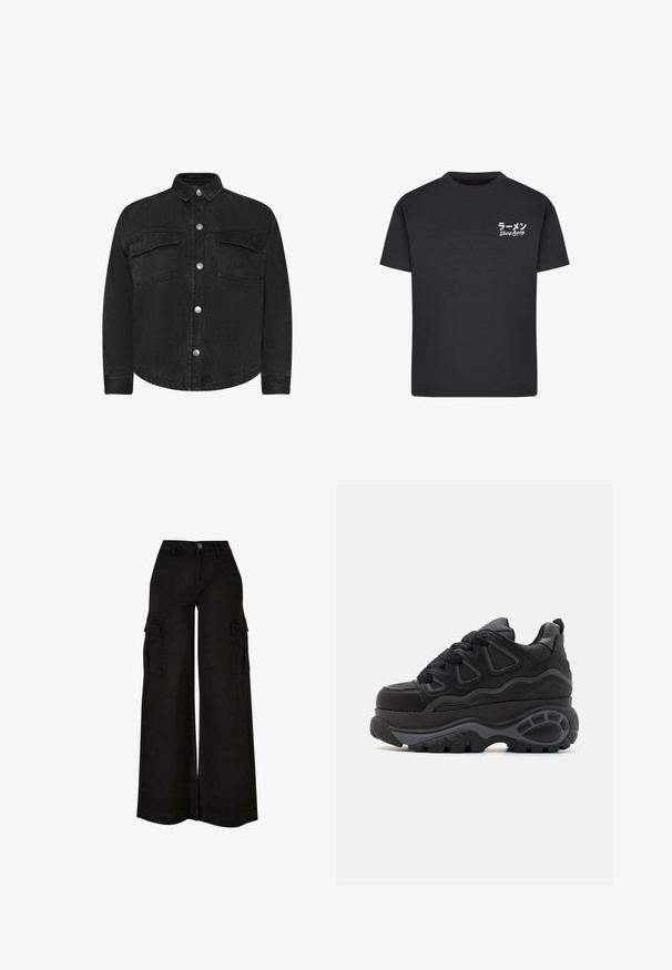 Sort denimjakke med lange ærmer, krave, forlommer og sølvfarvede trykknapper. Glat tekstur, lige snit.; Sort bomulds T-shirt med rund hals. Har hvid tekst, inklusive japanske tegn og "Slurp Away," på venstre brystområde.; Sort vidbens cargo bukser med høj talje, frontknap, lynlås, bæltestropper og klaplommer på begge lår.; Buffalo Skatesko - black