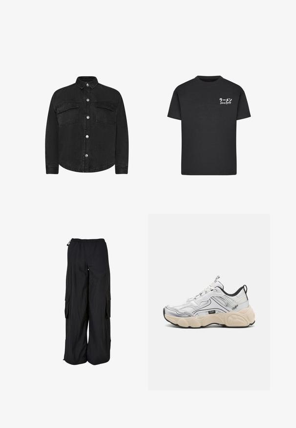 Sort denimjakke med lange ærmer, krave, forlommer og sølvfarvede trykknapper. Glat tekstur, lige snit.; Sort bomulds T-shirt med rund hals. Har hvid tekst, inklusive japanske tegn og "Slurp Away," på venstre brystområde.; Svarte cargobukser med vidde ben, elastisk talje, sidelommer med klap og justerbare snore i talje og forneden.; Hvid sportsko med mesh- og syntetiske paneler, sølvdetaljer, chunky creme farvet sål og kontrasterende sorte detaljer. Har snøresystem.
