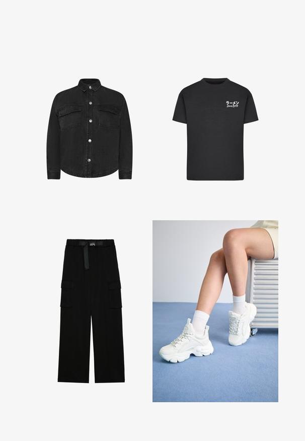 Sort denimjakke med lange ærmer, krave, forlommer og sølvfarvede trykknapper. Glat tekstur, lige snit.; Sort bomulds T-shirt med rund hals. Har hvid tekst, inklusive japanske tegn og "Slurp Away," på venstre brystområde.; Sorte cargo bukser med vidde ben, elastisk talje med bælte og to store sidelommer til opbevaring.; Hvide snøre-sneakers med en chunky sål, der har glat syntetisk materiale, teksturerede detaljer og en løkke på hælen.