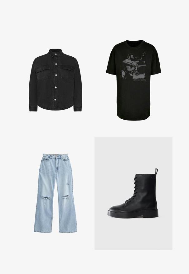 Sort denimjakke med lange ærmer, krave, forlommer og sølvfarvede trykknapper. Glat tekstur, lige snit.; Sort bomulds t-shirt med et monochromt grafik af en musiker med en akustisk guitar, inklusive teksten "Niall Horan" nederst.; Lyseblå, vide jeans i denim med slidte revner på lårene, høj talje og standard fem-lomme design.; Sort læderstøvle til midt på læggen med snørelukning, tyk sål og trækstrop, der har et subtilt "CK" logo nær den øverste hæl.