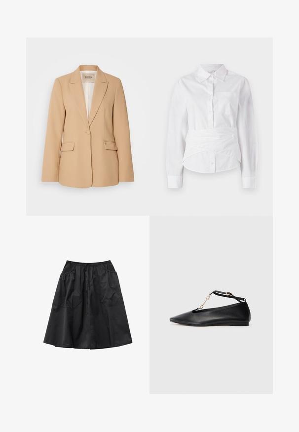 Beige blazer med en struktureret design, enkelt knaplukning, to forlommer og en glat finish. Fóret inderside giver ekstra komfort.; Hvid langærmet skjorte med krave, forreste knapper, lille brystlomme og indviklet design ved taljen. Glat bomuldsstof.; Sort knælængde nederdel med elastik i taljen, snøre foran og to store rynkede lommer.; Sorte læder balletflade sko med spids tå, udsnit design, ankelrem og guldkæde accent. Glat tekstur, minimal hæl.