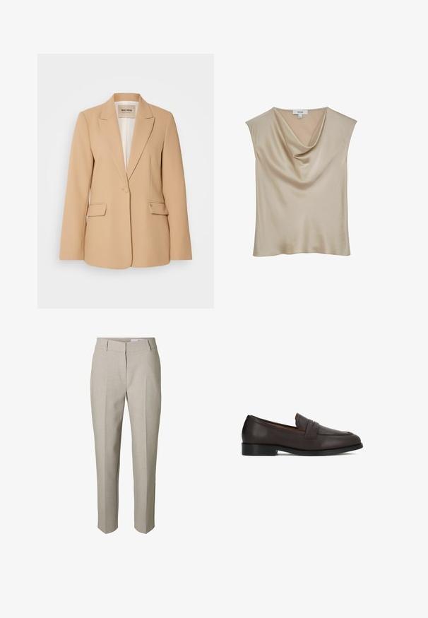 Beige blazer met een gestructureerd ontwerp, sluiting met één knop, twee voorzakken en een gladde afwerking. Gevoerde binnenkant biedt extra comfort.; Beige satijnen mouwloze blouse met watervalhalslijn, gelabeld "REISS", getoond tegen een witte achtergrond.; Beige op maat gemaakte broek met riemlussen, een voorrits en geperste plooien over de benen, getoond tegen een witte achtergrond.; Bruine leren loafers met een gladde afwerking, een afgeronde neus en decoratieve voorkant. Stevige zool en subtiele hakverhoging.
