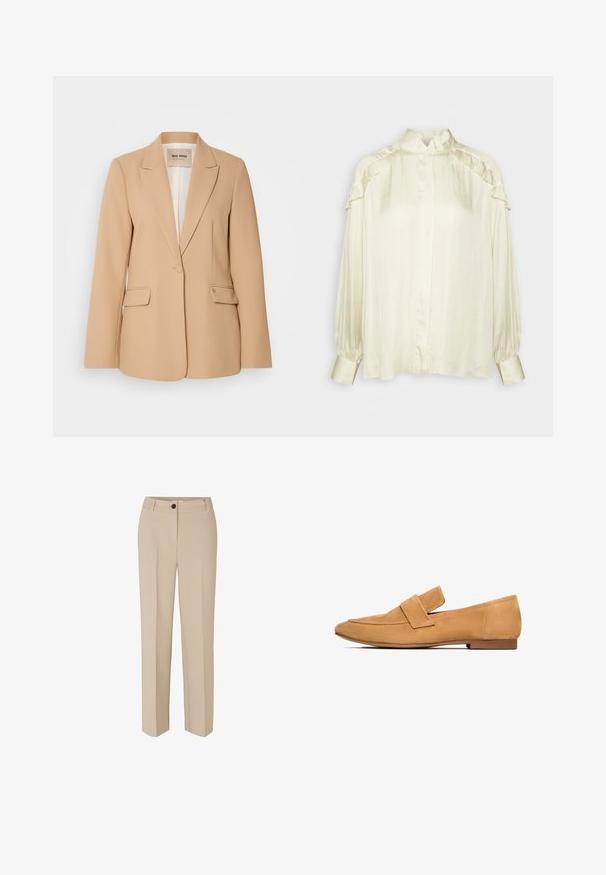 Beige blazer med en struktureret design, enkelt knaplukning, to forlommer og en glat finish. Fóret inderside giver ekstra komfort.; DAY Birger et Mikkelsen COURTNEY MODERN DRAPE - Skjortebluser - cloud cream; Modström GALE - Bukser - powder sand; Lette mokkasiner i tan farve med flad hæl, rund tå og en syet strop over vristen for et raffineret udtryk.