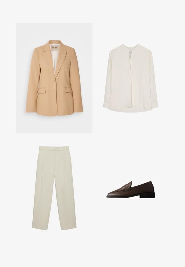 Blazer beige avec une conception structurée, fermeture à un bouton, deux poches avant et une finition lisse. Doublure intérieure offrant un confort supplémentaire.; Seidensticker SEIDENSTICKER TUNIKA SCHWARZE ROSE - Blouse - ecru; Pantalon beige taille haute cintré avec poches latérales, passants de ceinture et fermeture éclair devant, coupe droite.; Mocassin en cuir brun foncé avec petit talon noir et détails cousus sur la tige, présenté en profil latéral sur fond blanc.