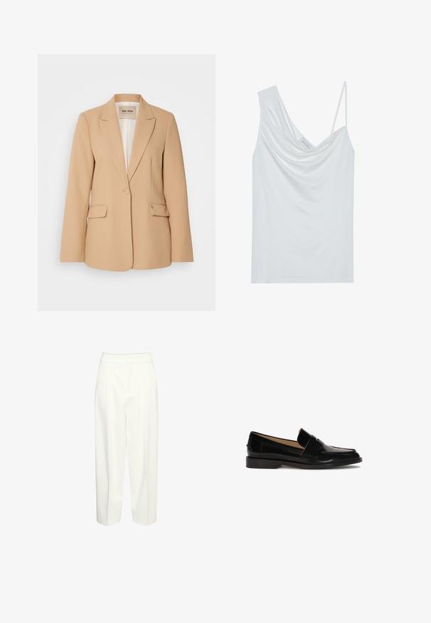 Blazer beige avec une conception structurée, fermeture à un bouton, deux poches avant et une finition lisse. Doublure intérieure offrant un confort supplémentaire.; Débardeur blanc avec un col drapé, des bretelles fines et ajustables, et une texture lisse. Dispose d'une étiquette à l'intérieur indiquant "ANNA FIELD."; Pantalon blanc taille haute, jambe droite, avec plis devant et ceinture dissimulée, présenté sur un fond uni.; Mocassins en cuir noir avec une finition lisse, à bout rond, et une sangle décorative sur le devant. Design à faible talon carré.
