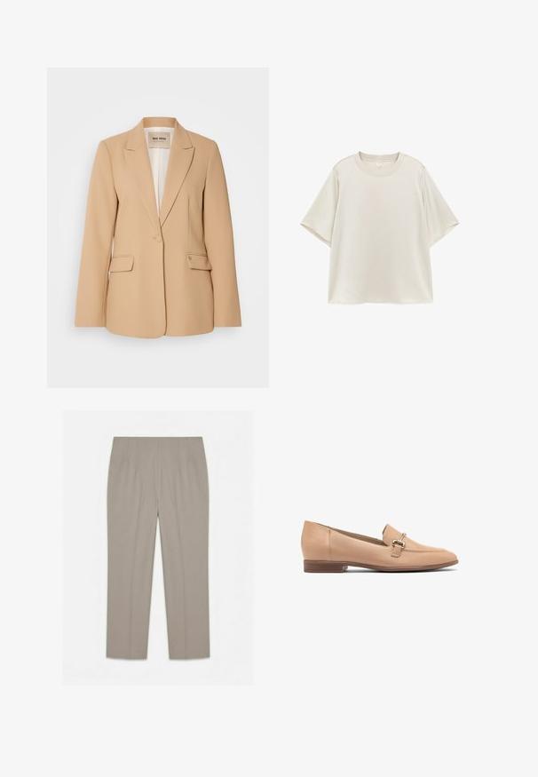 Blazer beige avec une conception structurée, fermeture à un bouton, deux poches avant et une finition lisse. Doublure intérieure offrant un confort supplémentaire.; T-shirt uni beige clair à manches courtes avec col rond, coupe ample, présenté à plat sur fond blanc.; Pantalon beige coupe droite avec taille haute et détails de plis, présenté à plat sur fond blanc.; Mocassins en cuir beige avec un petit talon, présentant un design cousu et un petit accent en métal argenté sur le dessus. Texture lisse.