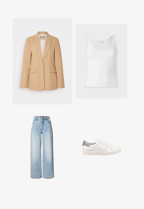 Beige blazer med en struktureret design, enkelt knaplukning, to forlommer og en glat finish. Fóret inderside giver ekstra komfort.; Hvid ribstrikket ærmeløs tanktop med rund halsudskæring og Hollister mærke i nakken bagtil.; Lyseblå jeans med vide ben lavet af denim. Høj talje med knaplukning, fem lommer og en let falmet vask.; Hvide lædersneakers med sølvglimmerdetalje på hælen, flade snørebånd og subtile perforeringer på siden. Gummisål.