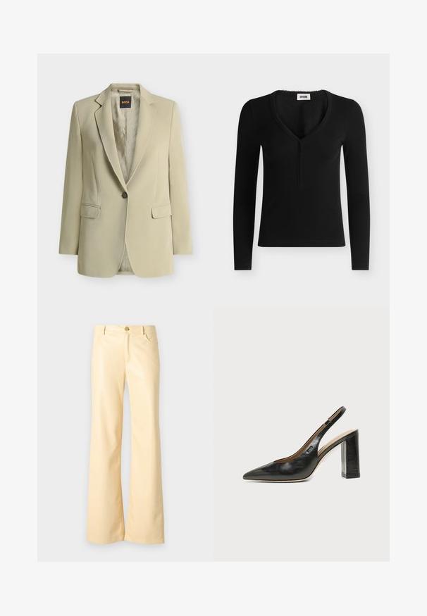 Blazer beige à un bouton, avec revers crantés, poches à rabat et étiquette de doublure de marque visible à l'intérieur du col.; Haut côtelé noir à manches longues avec col en V et petite patte de boutonnage, étiqueté Drykorn, présenté sur fond uni.; Pantalons évasés en jaune pâle, en matériau lisse et brillant. Comprend un bouton avant, deux poches latérales et une coupe droite.; Chaussure slingback en cuir noir à bout pointu avec un talon bloc haut et une doublure intérieure beige sur un fond clair uni.