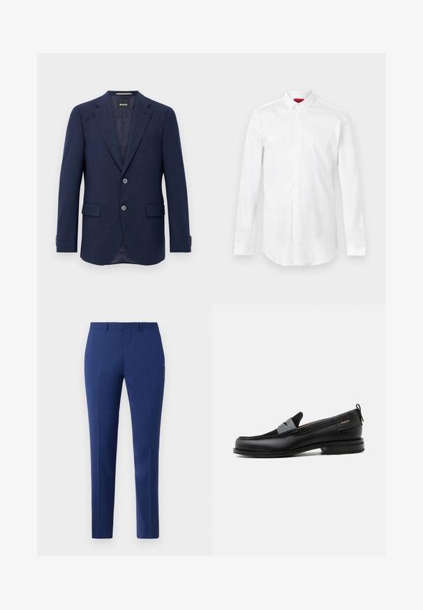 Herren Marineblaues Blazer mit zwei Knöpfen, Reverskragen, Klapptaschen und innerem dunklem Futter, präsentiert vor einem weißen Hintergrund.; Weißes langärmeliges Hemd mit spitzem Kragen und verdeckter Knopfleiste, präsentiert vor hellem, einfarbigem Hintergrund.; Marineblaue, taillierte Hose mit geradem Schnitt, ausgestattet mit Falten und Vordertaschen. Hergestellt aus glattem Stoff mit sauberem Finish.; Schwarzer Lederloafer mit grauem Riemendetail, niedrigem Absatz und strukturierter Sohle, seitlich mit „HUGO“ in Gold gebrandmarkt.