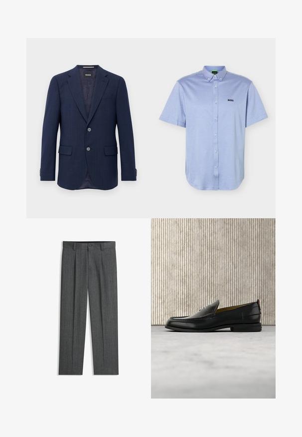 Herren Marineblaues Blazer mit zwei Knöpfen, Reverskragen, Klapptaschen und innerem dunklem Futter, präsentiert vor einem weißen Hintergrund.; Hellblaues kurzärmliges Hemd mit Knopfleiste, einem Button-Down-Kragen und dem "BOSS"-Logo, das auf der linken Brust stickt ist.; Graue formelle Hose mit Fischgrätmuster, Gürtelschlaufen, Knopfverschluss und vorderen Falten.; Schwarzer Herren-Slipper aus Leder mit einer krokogeprägten Vorderkappe und einem niedrigen Absatz, im Profil vor neutralem Hintergrund gezeigt.