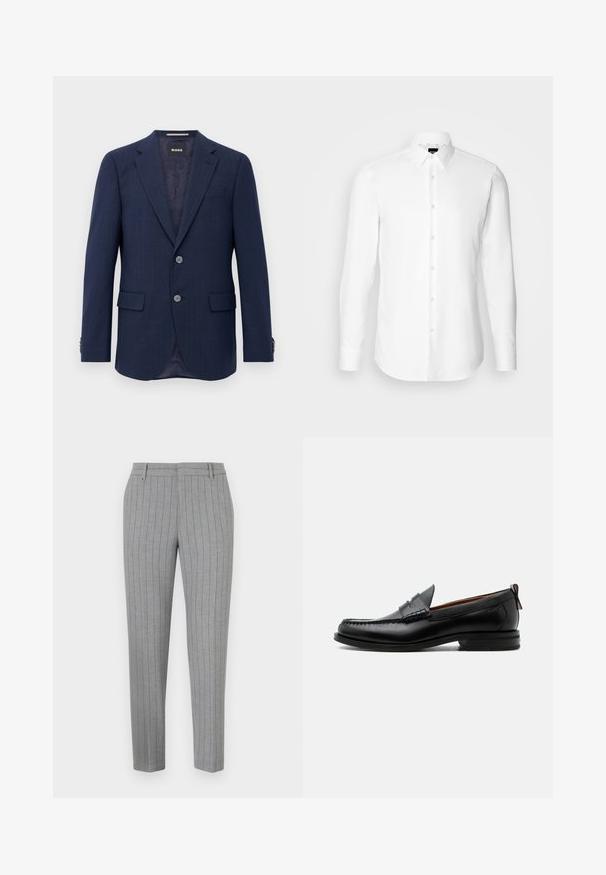Blazer bleu marine pour homme avec deux boutons, revers en pointe, poches à rabat et doublure intérieure sombre, présenté sur fond blanc.; Chemise blanche à manches longues, boutonnée sur le devant, col classique, fabriquée en tissu lisse avec une texture subtile, conçue pour une coupe ajustée.; Pantalon gris à fines rayures avec une coupe ajustée, devant plat et poches latérales. Confectionné dans un tissu lisse avec un léger éclat.; Mocassin homme en cuir noir avec couture moc toe, bride penny, col texturé et petit talon empilé sur fond blanc.