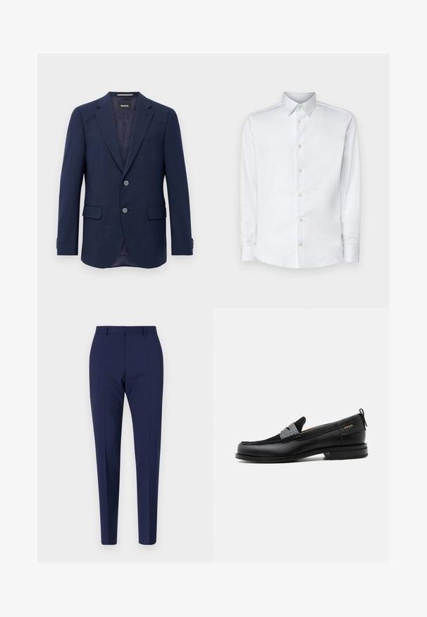 Herren Marineblaues Blazer mit zwei Knöpfen, Reverskragen, Klapptaschen und innerem dunklem Futter, präsentiert vor einem weißen Hintergrund.; Weißes Langarmhemd aus glattem Stoff, mit klassischem Kragen, Knopfleiste und Manschetten mit Knöpfen, vor einem einfarbigen Hintergrund präsentiert.; Marineblau maßgeschneiderte Hose mit schlanker Passform, die eine glatte Textur, einen flachen Vorderteil und gepolsterte Beine aufweist. Keine sichtbaren Taschen oder Verzierungen.; Schwarzer Lederloafer mit grauem Riemendetail, niedrigem Absatz und strukturierter Sohle, seitlich mit „HUGO“ in Gold gebrandmarkt.