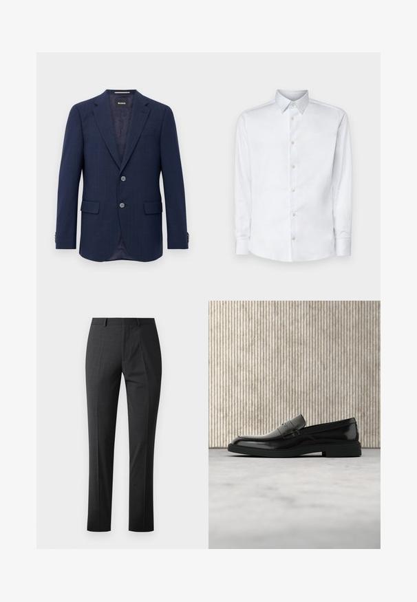 Herren Marineblaues Blazer mit zwei Knöpfen, Reverskragen, Klapptaschen und innerem dunklem Futter, präsentiert vor einem weißen Hintergrund.; Weißes Langarmhemd aus glattem Stoff, mit klassischem Kragen, Knopfleiste und Manschetten mit Knöpfen, vor einem einfarbigen Hintergrund präsentiert.; Maßgeschneiderte dunkelgraue Hose mit glatter Textur, schlankem Schnitt, flachem Frontdesign und normalem Bund. Verfügt über gepresste Falten und keine sichtbaren Muster.; Schwarzer, polierter Lederloafer, der über einem beigen Teppich schwebt, mit orangener, durchscheinender Möbel im Hintergrund.