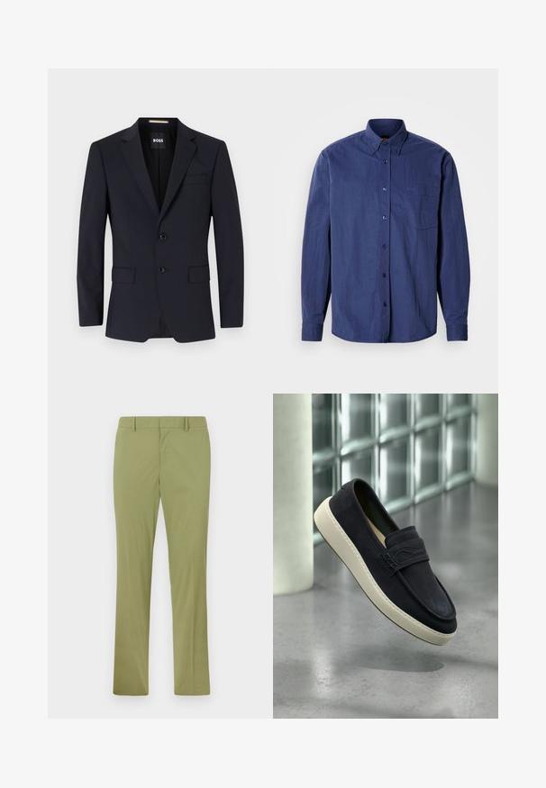 Marineblauwe blazer met opgestikte kraag, twee knopen, voorzakken en een enkele borstzak. Gladde stof, gestructureerde pasvorm.; Donkerblauw overhemd met knopen, een puntige kraag, lange mouwen, een borstzak en subtiele geborduurde logo. Gladde, lichte stof.; Slim-fit olijfgroene broek met riemlussen, voorrits en rechte pijpen, plat gelegd op een lichte achtergrond.; Zwarte suède loafer met witte zool die zweeft boven een lichtgrijze gepolijste vloer, met een glazen blokmuur en een witte zuil op de achtergrond.