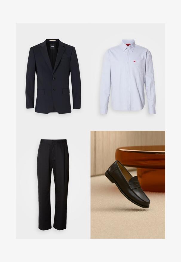 Marineblauer taillierter Blazer mit Reverskragen, Zwei-Knopf-Verschluss, Vordertaschen und einer Brusttasche. Glattes Material, strukturierte Passform.; Hellblaues Hemd mit Knöpfen aus Stoff mit glatter Textur. Verfügt über ein kleines rotes Logo auf der Brusttasche und einen Button-Down-Kragen.; Schwarze Hosen mit geradem Schnitt, aus leichtem Stoff gefertigt. Verfügt über einen vorderen Knopfverschluss und zwei seitliche Taschen; glatte Textur.; Schwarzer Leder-Loafer, der über einem hellbeigen Teppich schwebt, mit bernsteinfarbenen modernen Möbeln im Hintergrund.