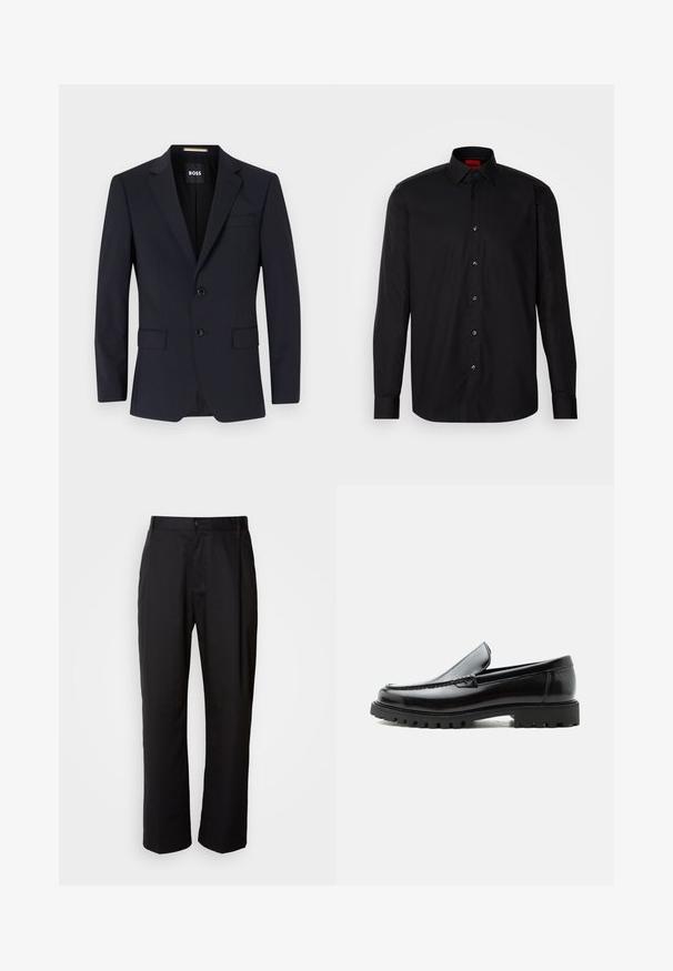 Marineblauer taillierter Blazer mit Reverskragen, Zwei-Knopf-Verschluss, Vordertaschen und einer Brusttasche. Glattes Material, strukturierte Passform.; Schwarzes Langarmhemd aus glattem Stoff, mit klassischem Kragen, Knopfverschluss vorne und taillierter Passform.; Schwarze Hosen mit geradem Schnitt, aus leichtem Stoff gefertigt. Verfügt über einen vorderen Knopfverschluss und zwei seitliche Taschen; glatte Textur.; Schwarzer Lederloafer mit grober Gummisohle, genähter Oberseite und geprägtem Markennamen an der Ferse, seitlich auf weißem Hintergrund gezeigt.