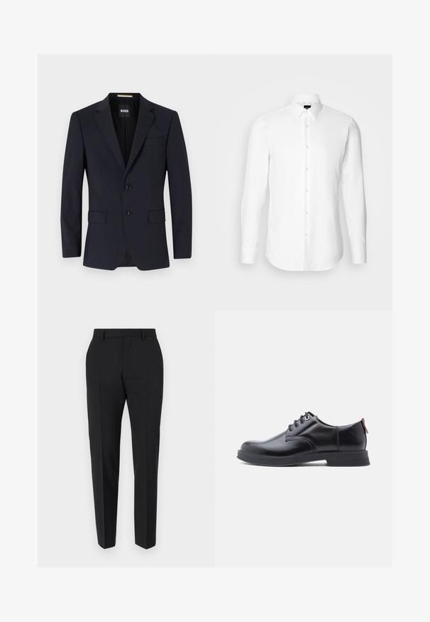 Blazer ajusté marine avec des revers notés, fermeture à deux boutons, poches avant et une poche poitrine unique. Tissu lisse, coupe structurée.; Chemise blanche à manches longues, boutonnée sur le devant, col classique, fabriquée en tissu lisse avec une texture subtile, conçue pour une coupe ajustée.; Pantalons noirs au design ajusté, avec un devant plat, des détails de plis et une coupe élégante. Fabriqués en tissu lisse pour un look raffiné.; Chaussures en cuir noir à lacets avec une texture lisse, un bout arrondi et des détails de couture discrets. Présentent une languette rouge à l'arrière.